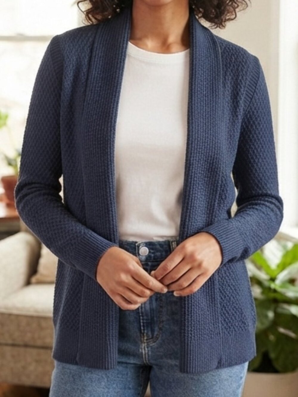 CROFT & BARROW Navy Blue Cotton Blend Open Front Knit Cardigan XS